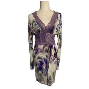 Balizza New Purple White V Neck Long Sleeve Knee Length Dress Xs 36